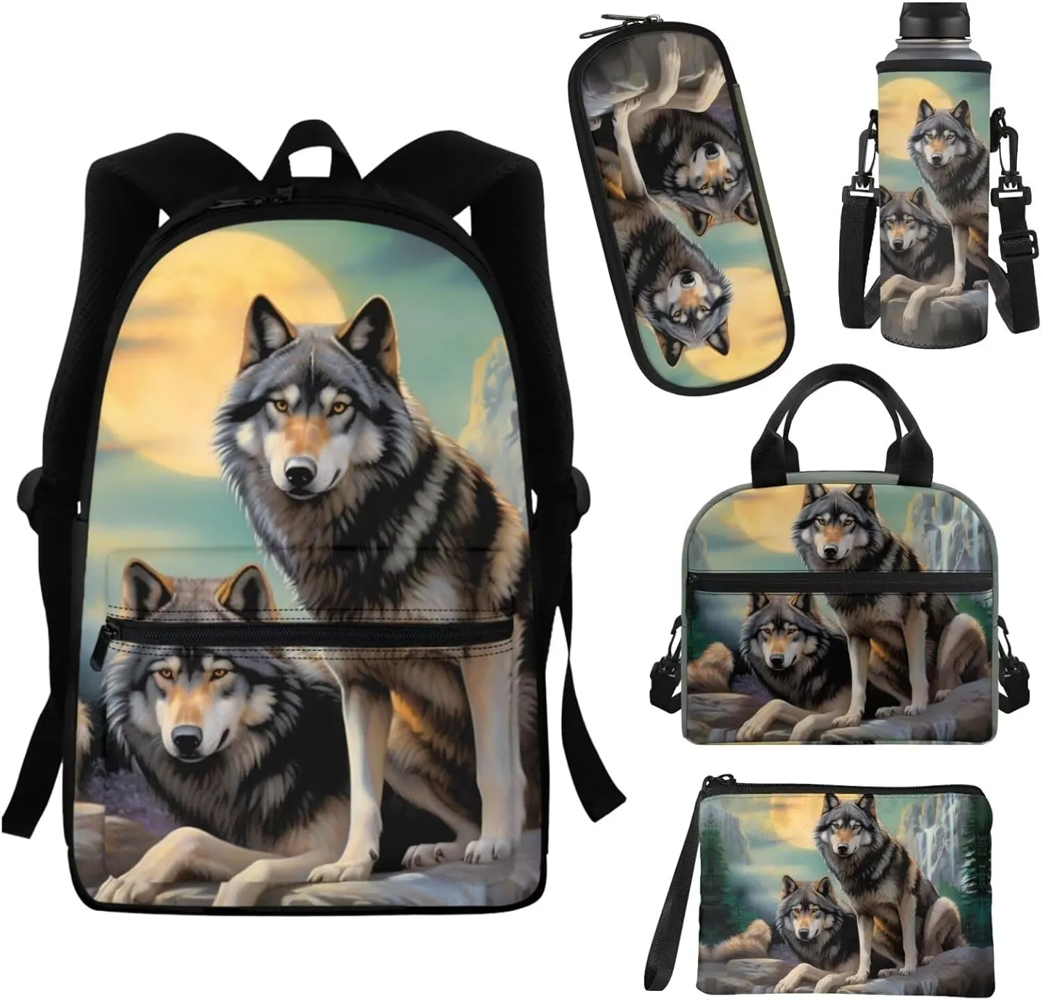Cool Wolf Backpack Set for Boys 8-12 Kids School Bag With Lunch Box Set Pencil Case Coin Purse 16oz 24oz 32oz Water Bottle Sleeve Teens Bookbags for 5th 6th Grade Girls Student Back Packs