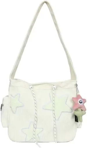 Corduroy Crossbody Bag for Women Y2k Aesthetic Star Patches Messenger Bag Cute Shoulder Tote Bag with Kawaii Pendant