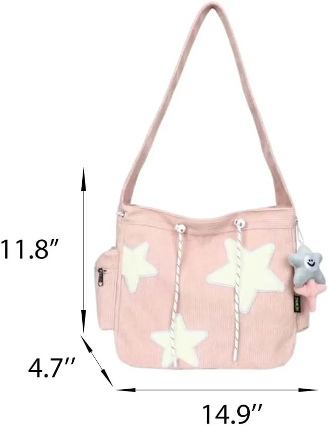 Corduroy Crossbody Bag for Women Y2k Aesthetic Star Patches Messenger Bag Cute Shoulder Tote Bag with Kawaii Pendant