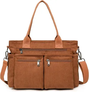 Corduroy Crossbody Tote Bag for Women Cute Shoulder Bag Large Messenger Bag Commuter School Purse Handbag Work Multi Pocket