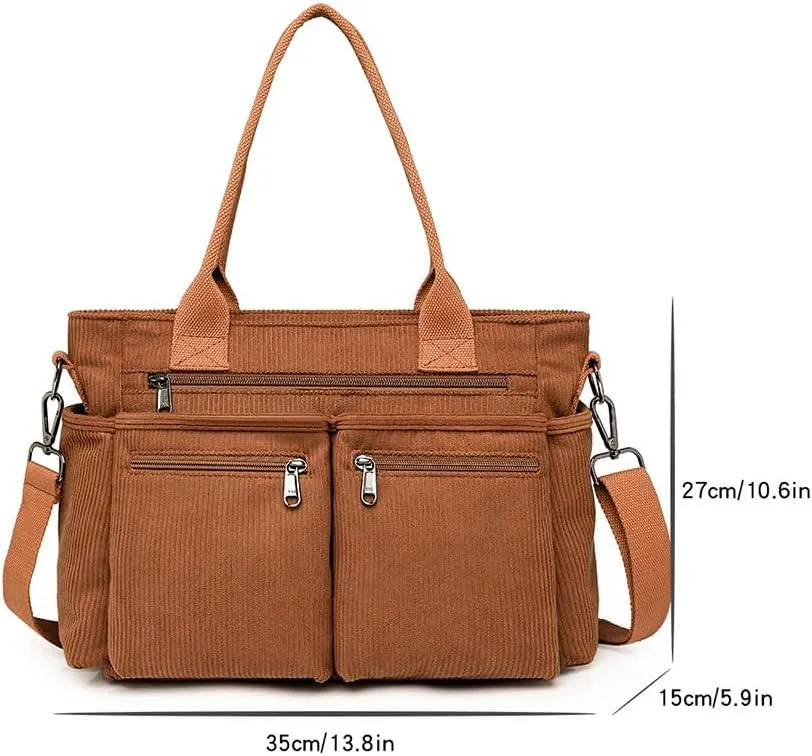 Corduroy Crossbody Tote Bag for Women Cute Shoulder Bag Large Messenger Bag Commuter School Purse Handbag Work Multi Pocket