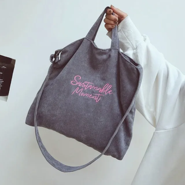 Corduroy Shoulder Bag For Women Female Embroidery Cotton Cloth Crossbody Bags Ladies Messenger Bag Tote Zipper Handbags New