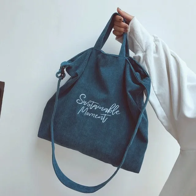 Corduroy Shoulder Bag For Women Female Embroidery Cotton Cloth Crossbody Bags Ladies Messenger Bag Tote Zipper Handbags New