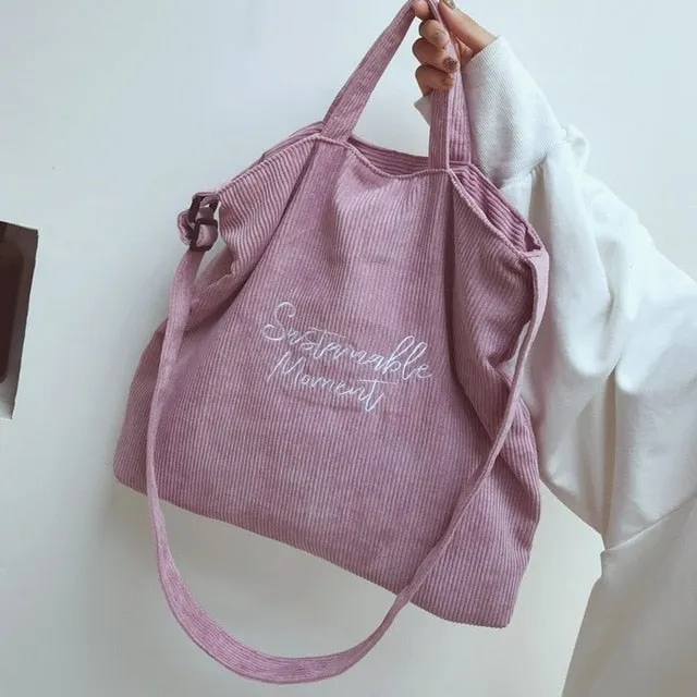 Corduroy Shoulder Bag For Women Female Embroidery Cotton Cloth Crossbody Bags Ladies Messenger Bag Tote Zipper Handbags New