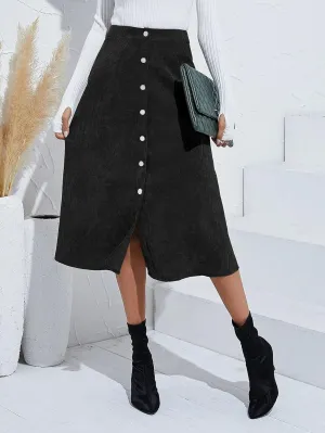 Corduroy Skirt, A-Line High Waist Skirts Long Skirts for Women, Buttons Down Straight Casual Fall Skirt