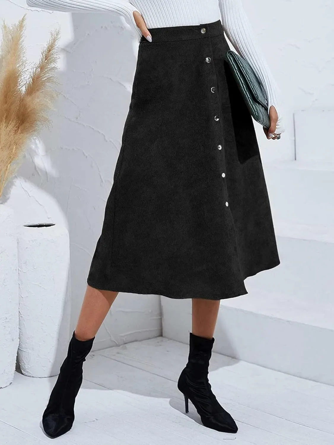 Corduroy Skirt, A-Line High Waist Skirts Long Skirts for Women, Buttons Down Straight Casual Fall Skirt