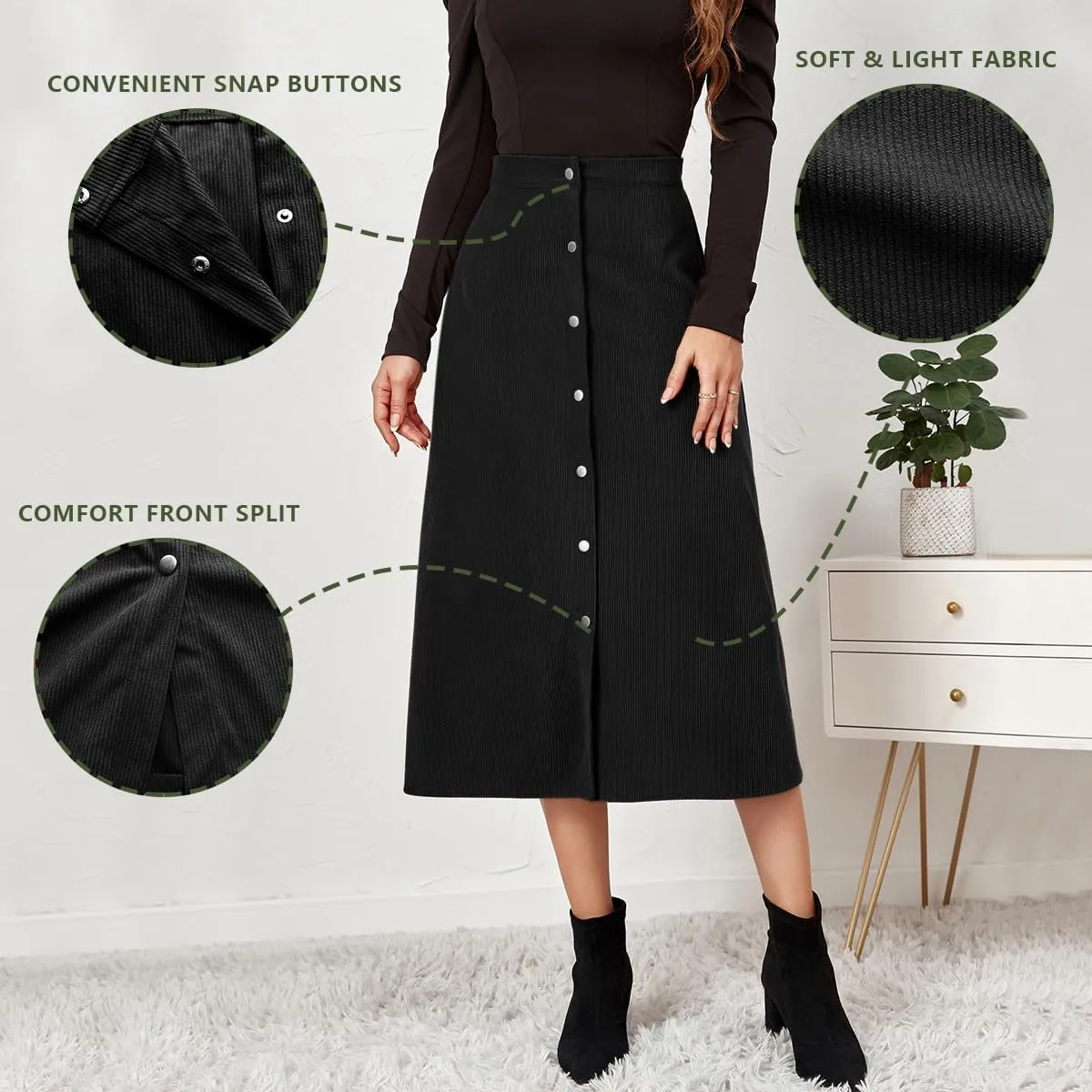 Corduroy Skirt, A-Line High Waist Skirts Long Skirts for Women, Buttons Down Straight Casual Fall Skirt