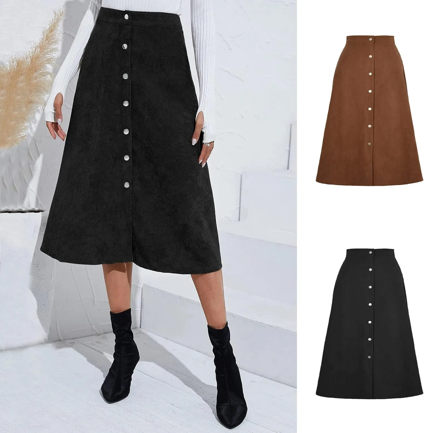 Corduroy Skirt, A-Line High Waist Skirts Long Skirts for Women, Buttons Down Straight Casual Fall Skirt