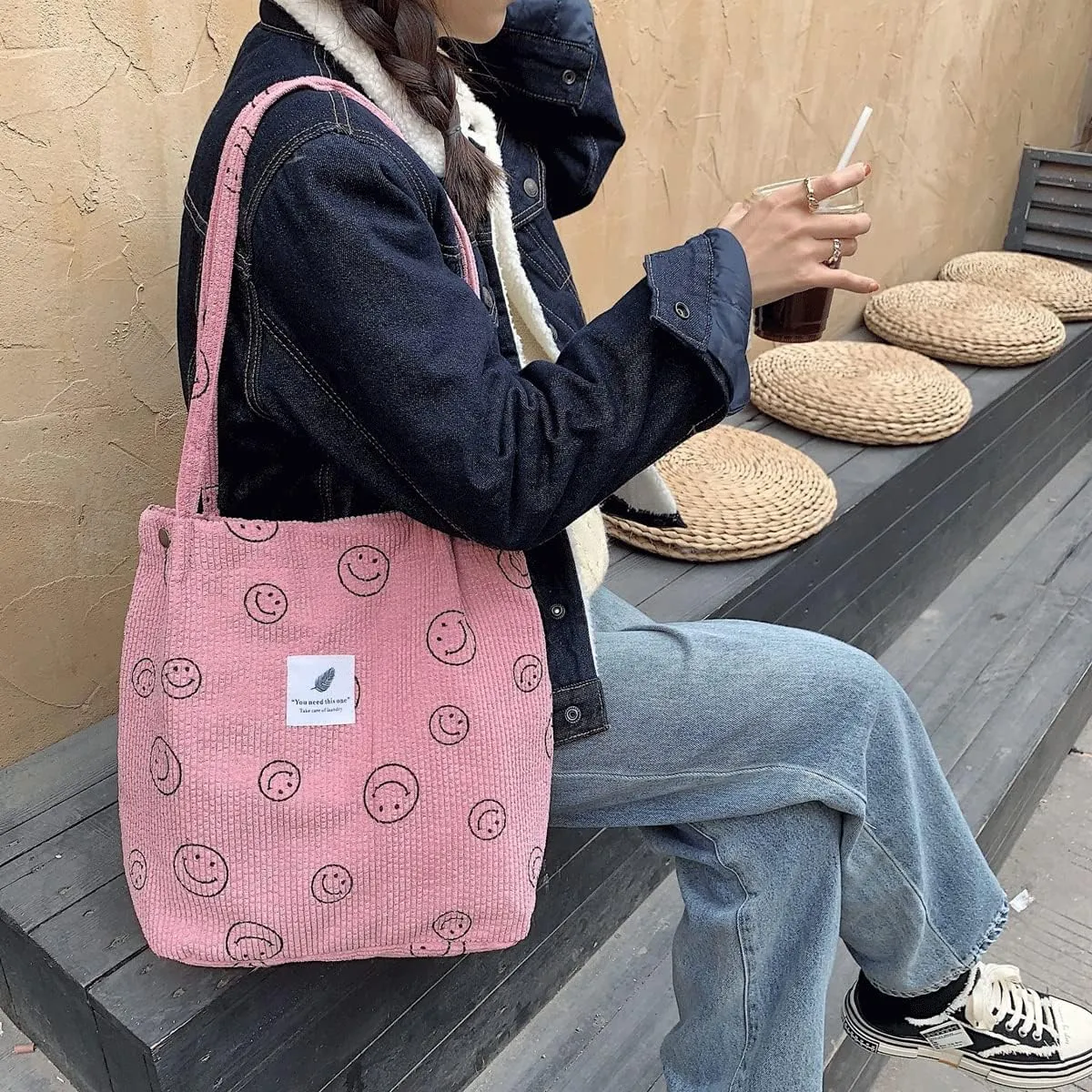 Corduroy Tote Bag Aesthetic Cute Tote Bags Large School Shoulder Bags for Girls Trendy Stuff