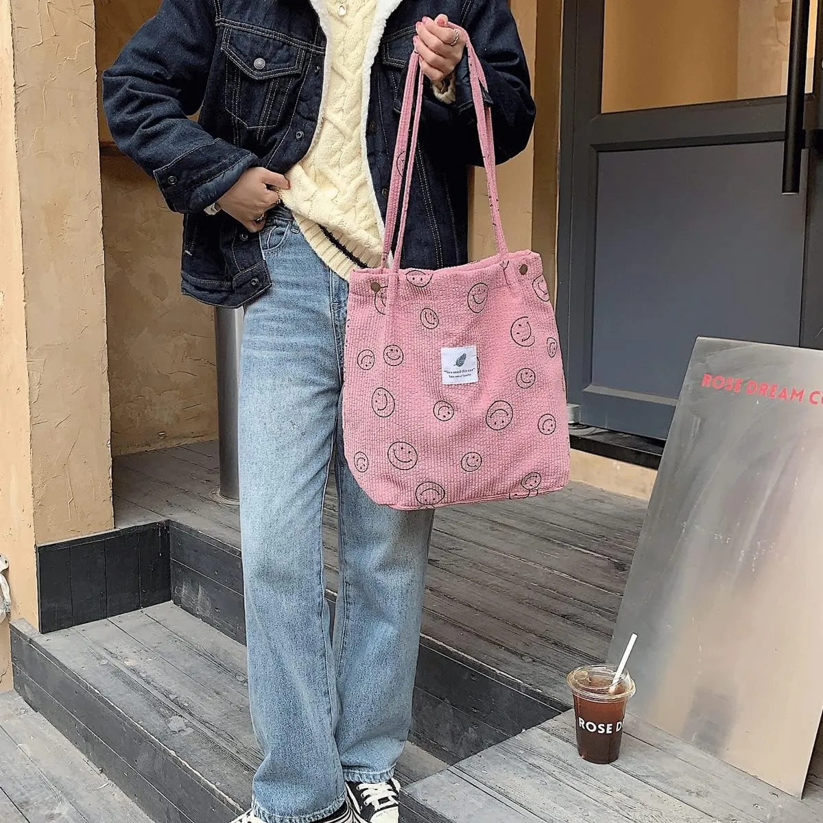 Corduroy Tote Bag Aesthetic Cute Tote Bags Large School Shoulder Bags for Girls Trendy Stuff
