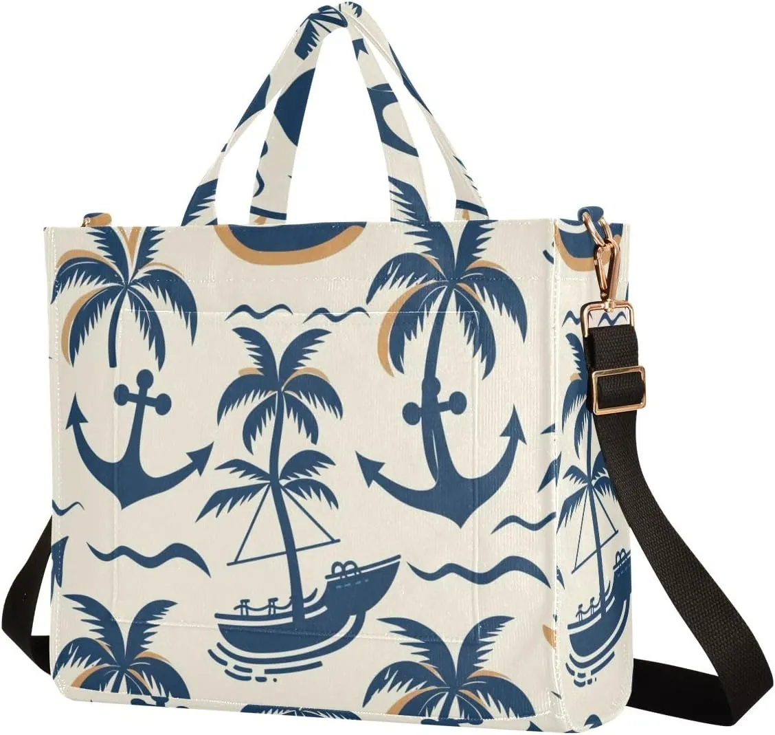 Corduroy Tote Bag Cartoon Coconut Tree Spear and Waves Women Crossbody Bag