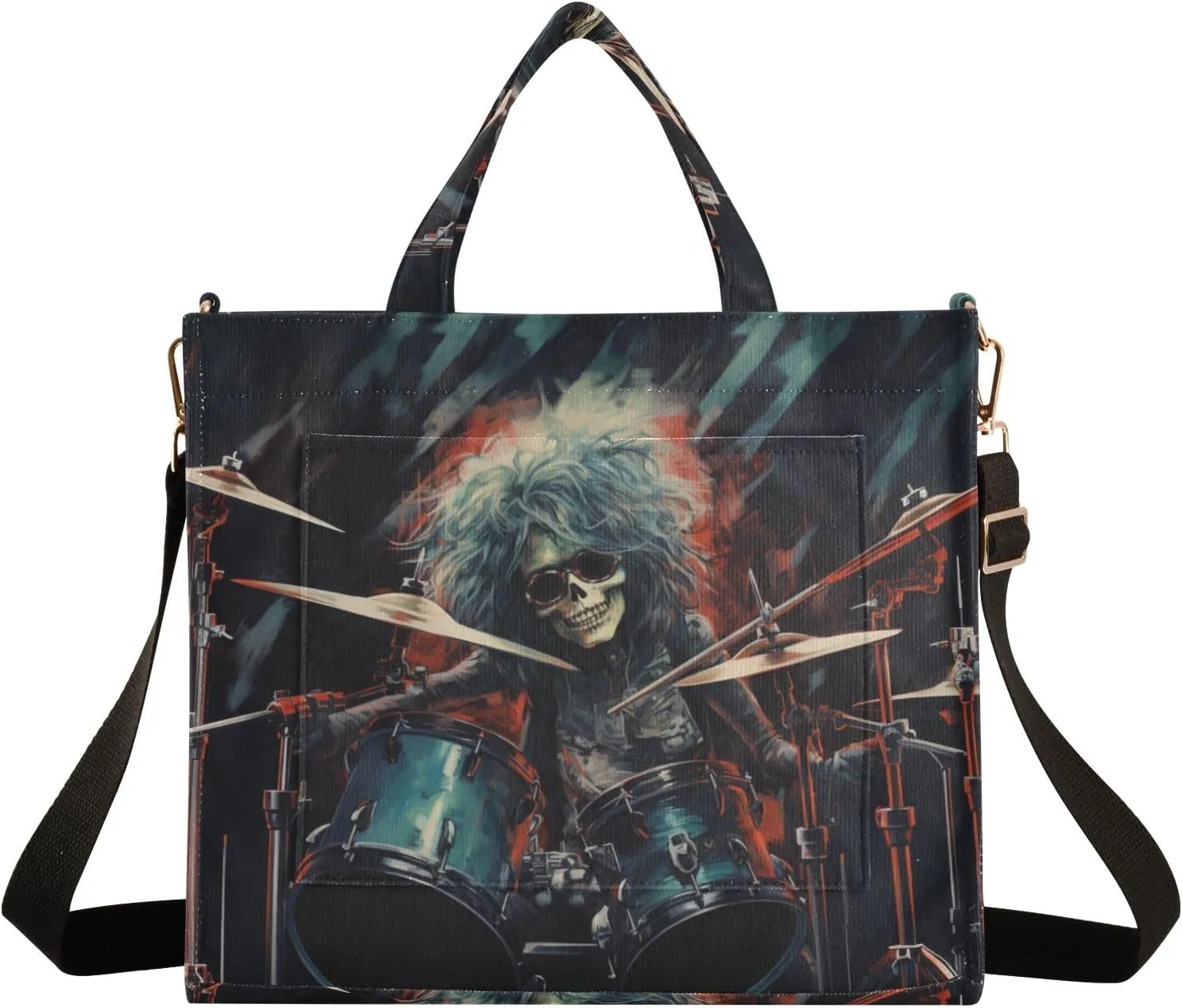 Corduroy Tote Bag Cartoon Cool Human Skeleton Playing Drum Set Women Crossbody Bag