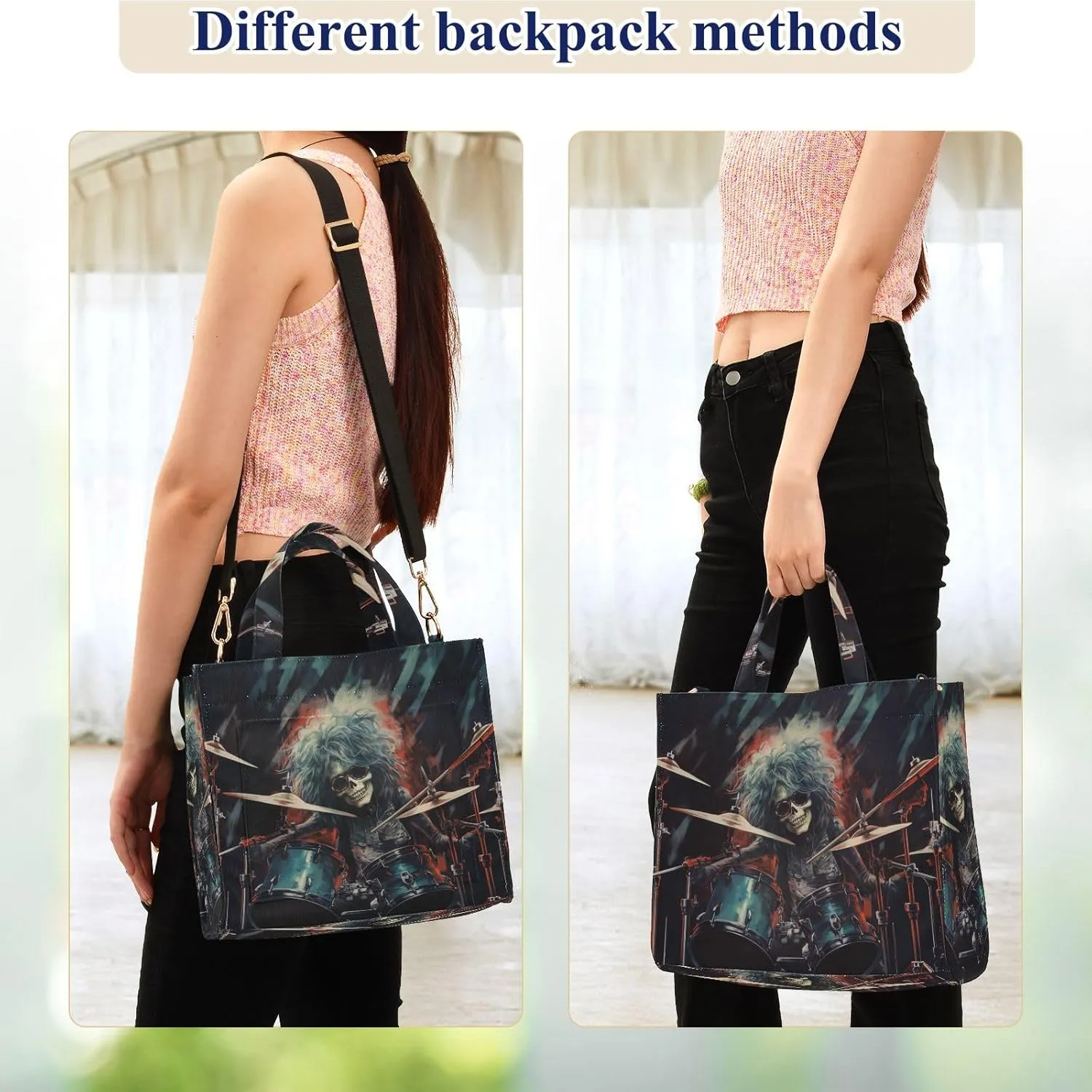 Corduroy Tote Bag Cartoon Cool Human Skeleton Playing Drum Set Women Crossbody Bag