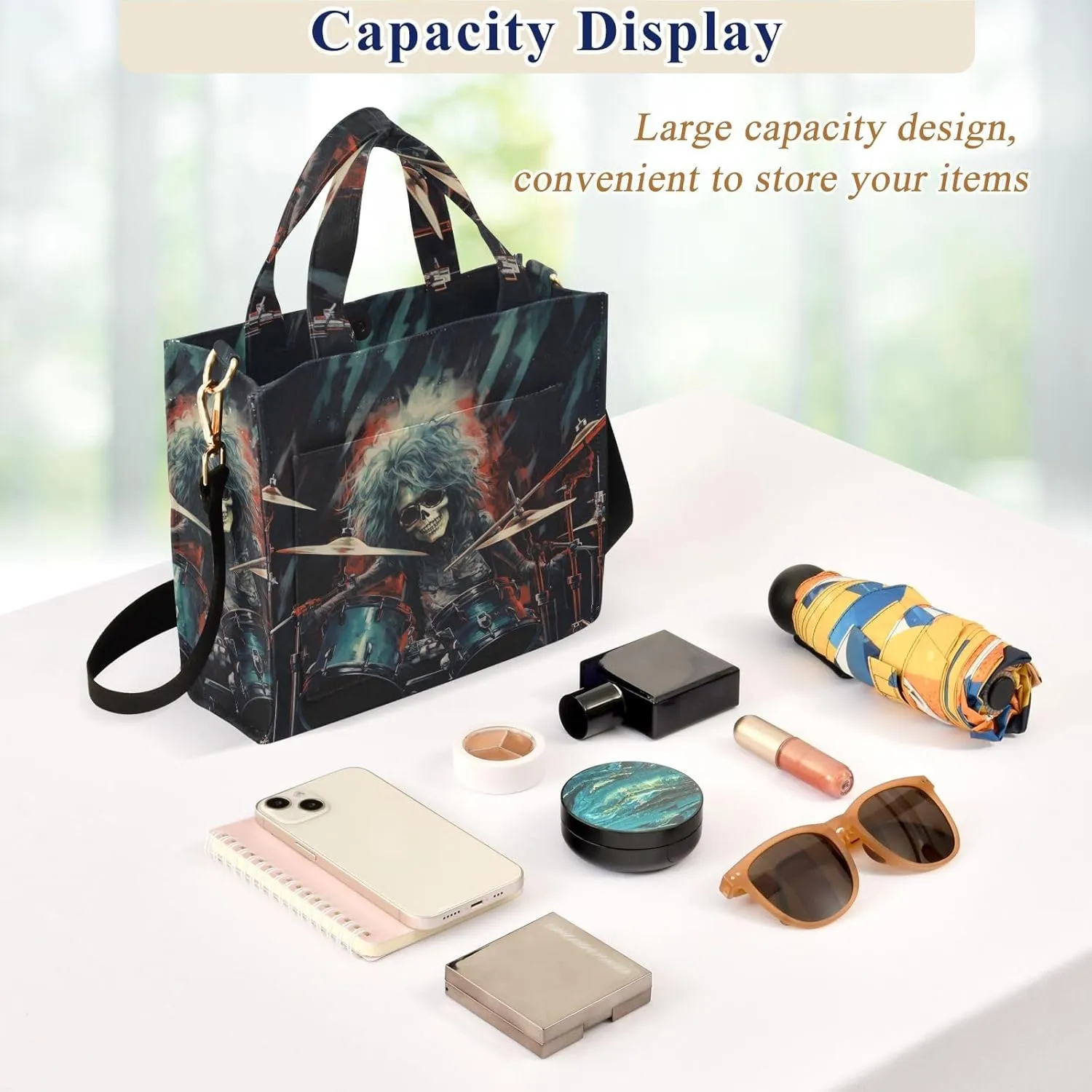 Corduroy Tote Bag Cartoon Cool Human Skeleton Playing Drum Set Women Crossbody Bag