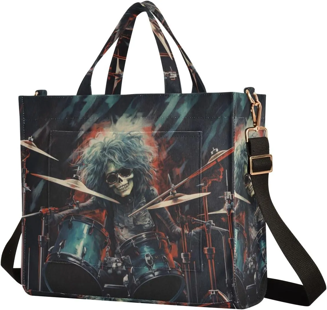 Corduroy Tote Bag Cartoon Cool Human Skeleton Playing Drum Set Women Crossbody Bag