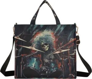Corduroy Tote Bag Cartoon Cool Human Skeleton Playing Drum Set Women Crossbody Bag