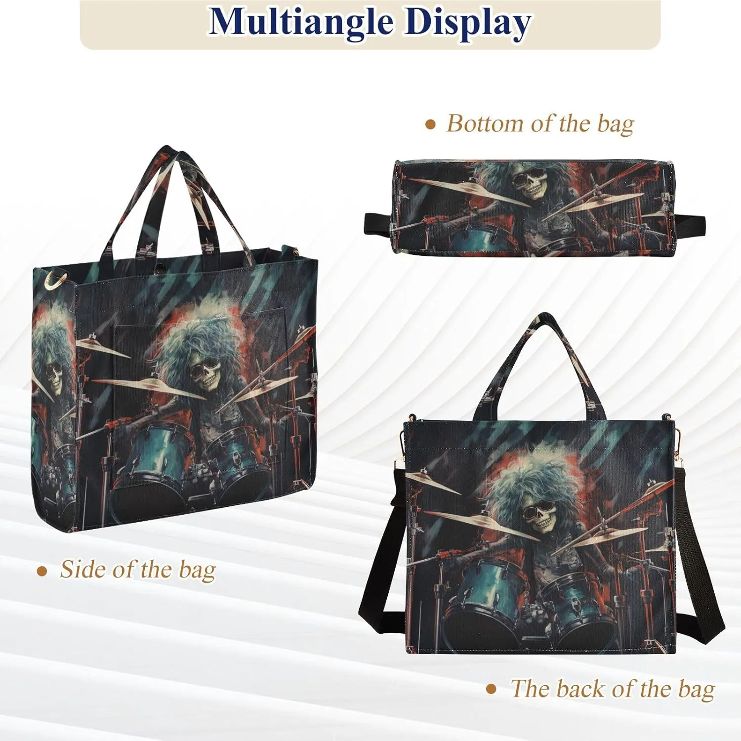 Corduroy Tote Bag Cartoon Cool Human Skeleton Playing Drum Set Women Crossbody Bag