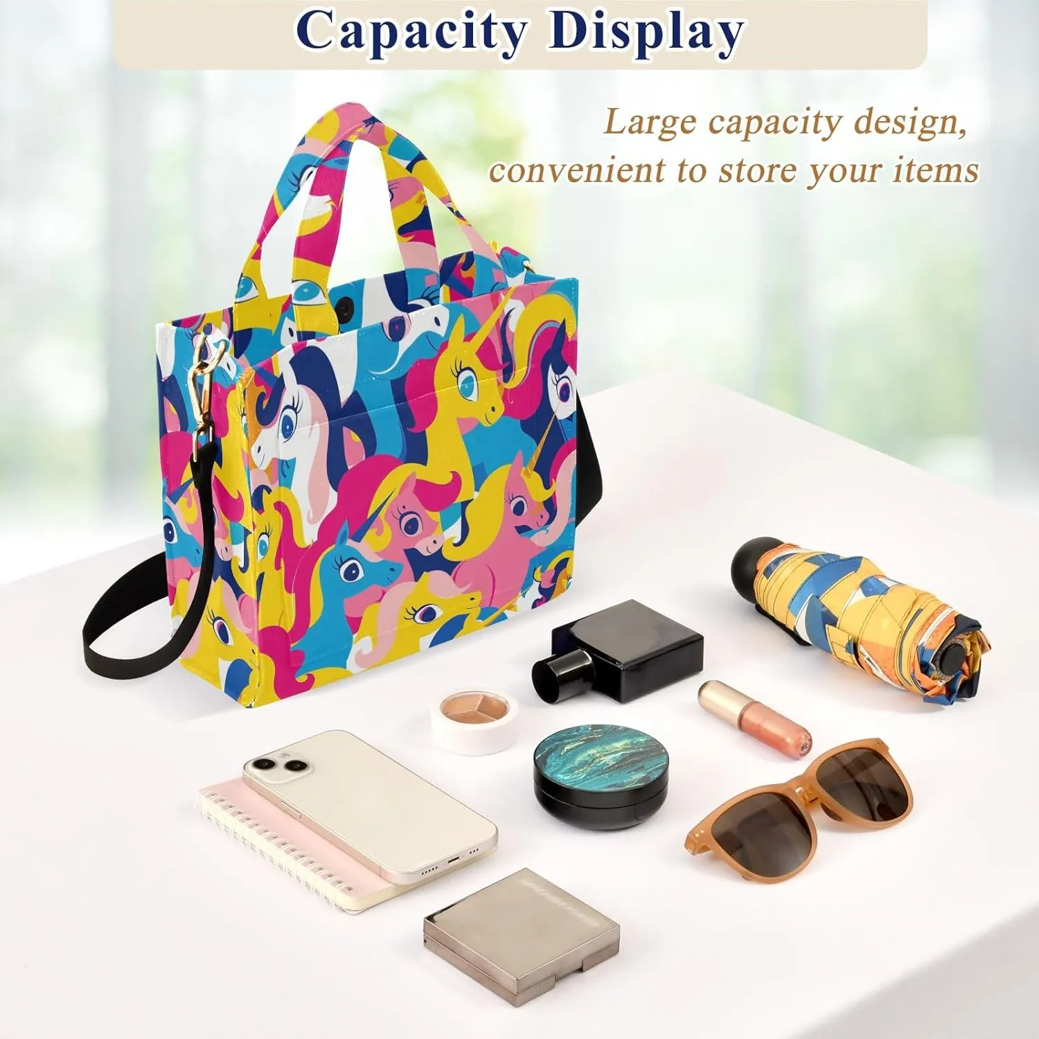 Corduroy Tote Bag Cartoon Cute Colorful Ponies Women Crossbody Bag with Detachable and Adjustable Shoulder Strap