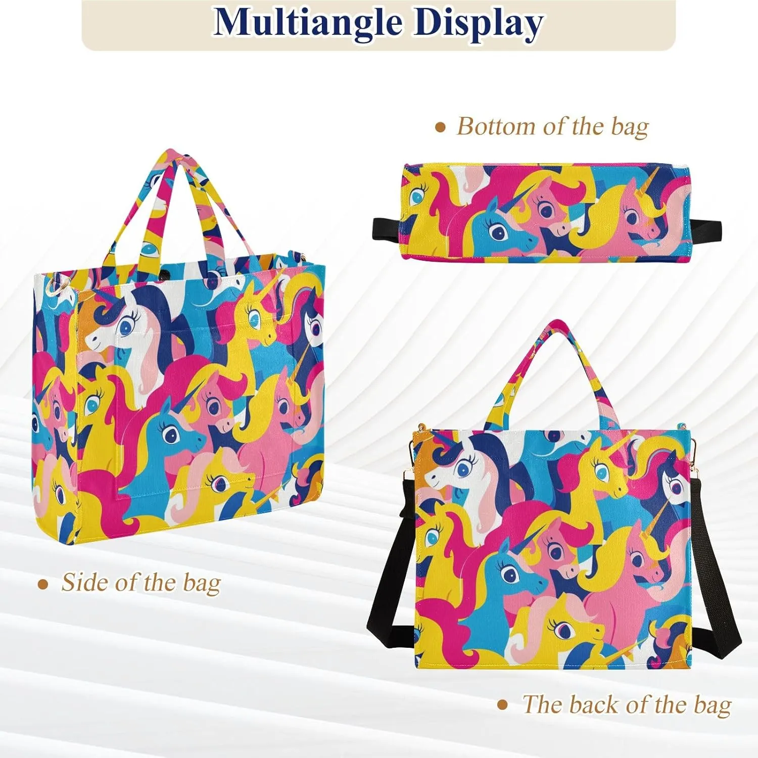 Corduroy Tote Bag Cartoon Cute Colorful Ponies Women Crossbody Bag with Detachable and Adjustable Shoulder Strap