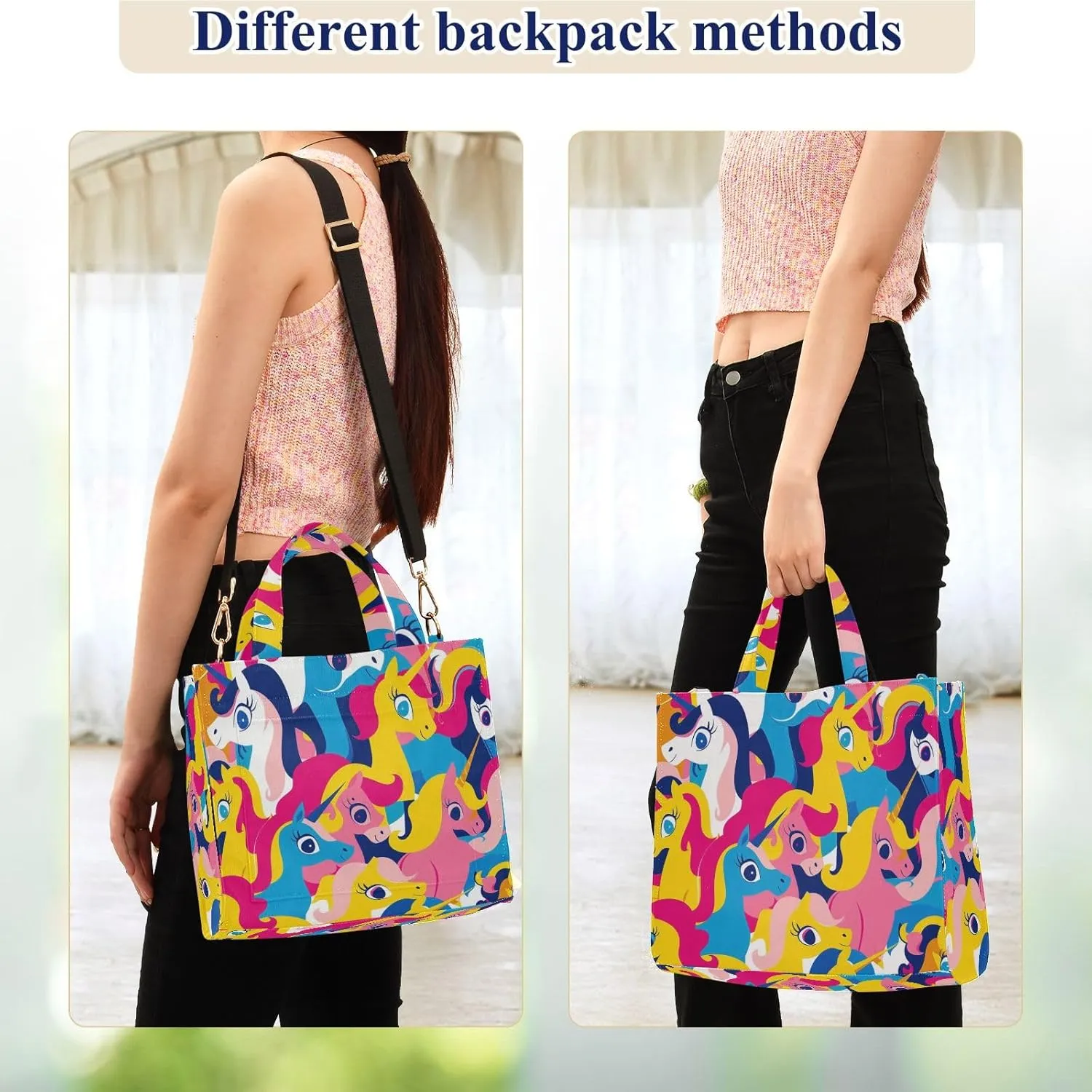 Corduroy Tote Bag Cartoon Cute Colorful Ponies Women Crossbody Bag with Detachable and Adjustable Shoulder Strap