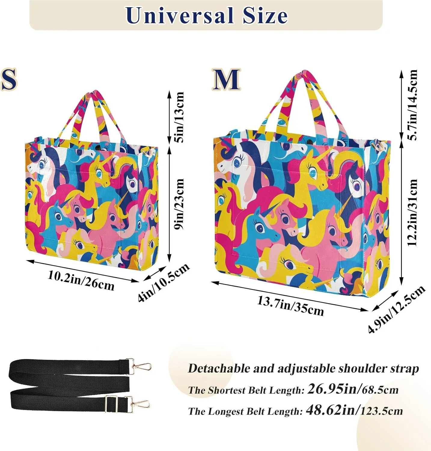 Corduroy Tote Bag Cartoon Cute Colorful Ponies Women Crossbody Bag with Detachable and Adjustable Shoulder Strap