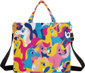 Corduroy Tote Bag Cartoon Cute Colorful Ponies Women Crossbody Bag with Detachable and Adjustable Shoulder Strap