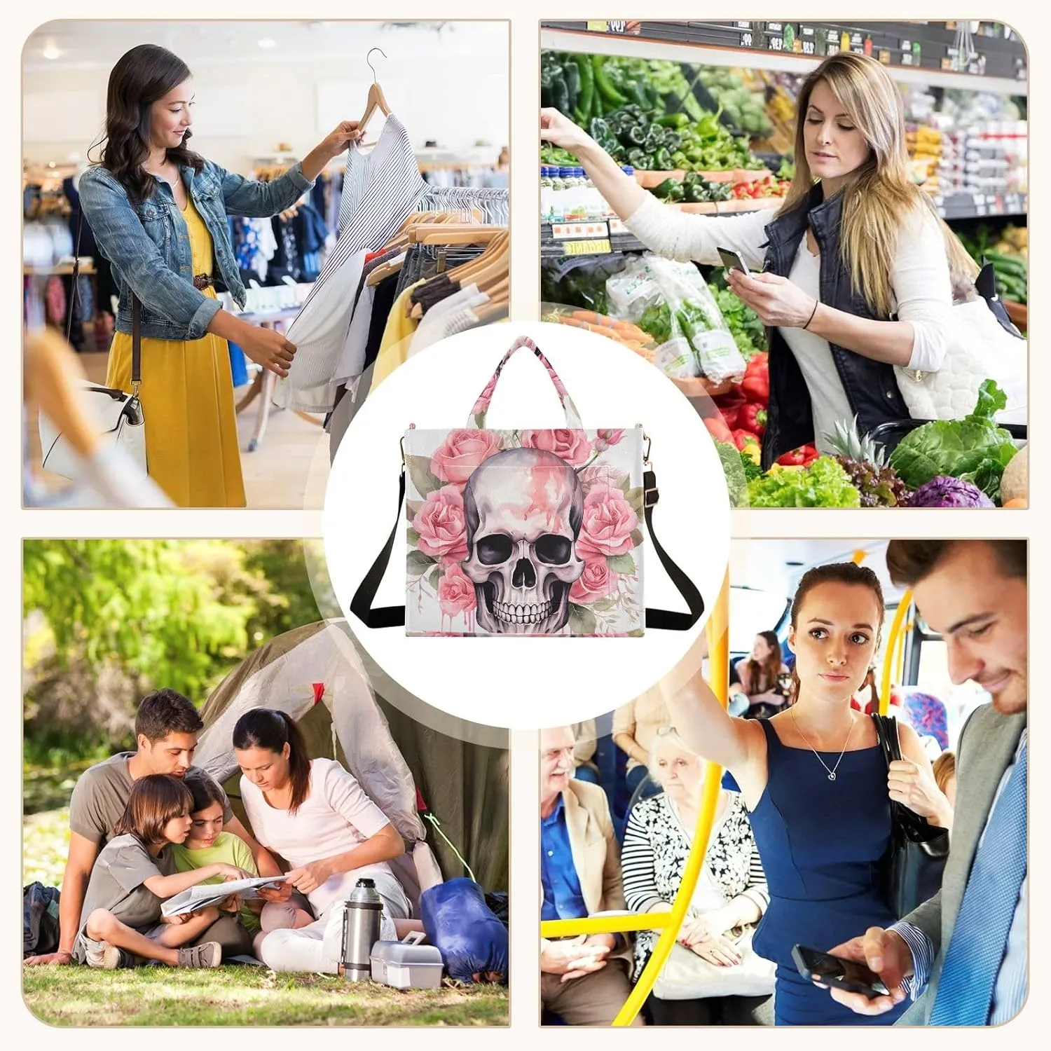 Corduroy Tote Bag Cartoon Human Skeleton with Pink Garland Women Crossbody Bag