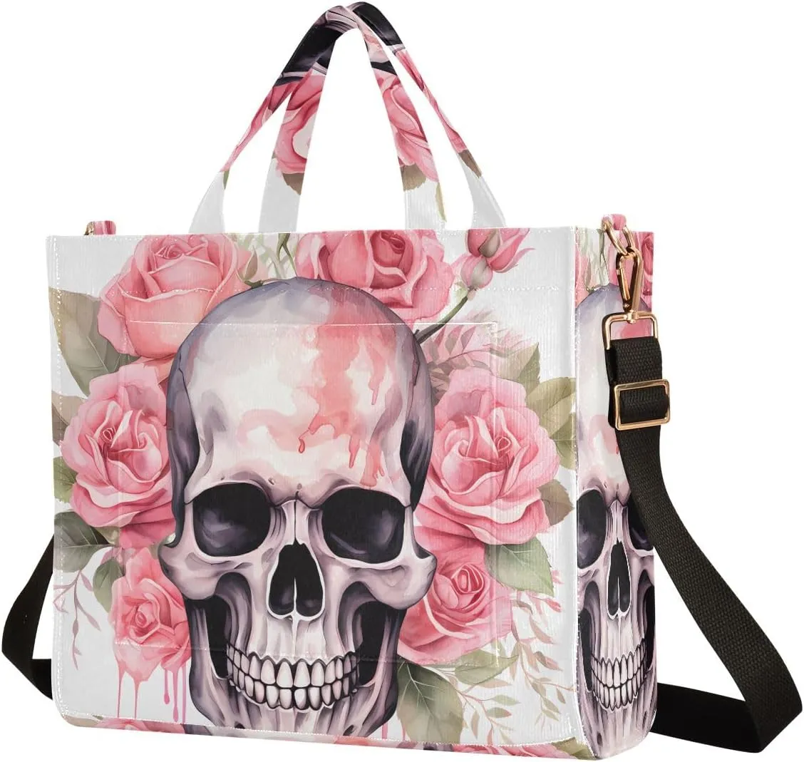 Corduroy Tote Bag Cartoon Human Skeleton with Pink Garland Women Crossbody Bag