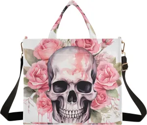 Corduroy Tote Bag Cartoon Human Skeleton with Pink Garland Women Crossbody Bag