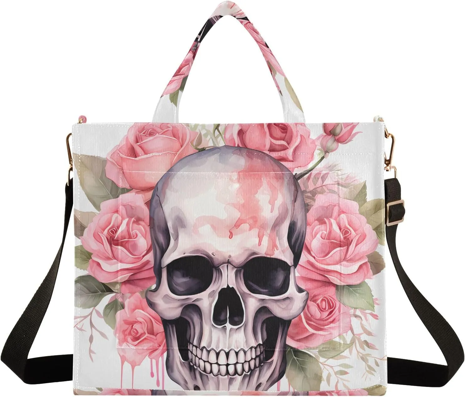 Corduroy Tote Bag Cartoon Human Skeleton with Pink Garland Women Crossbody Bag