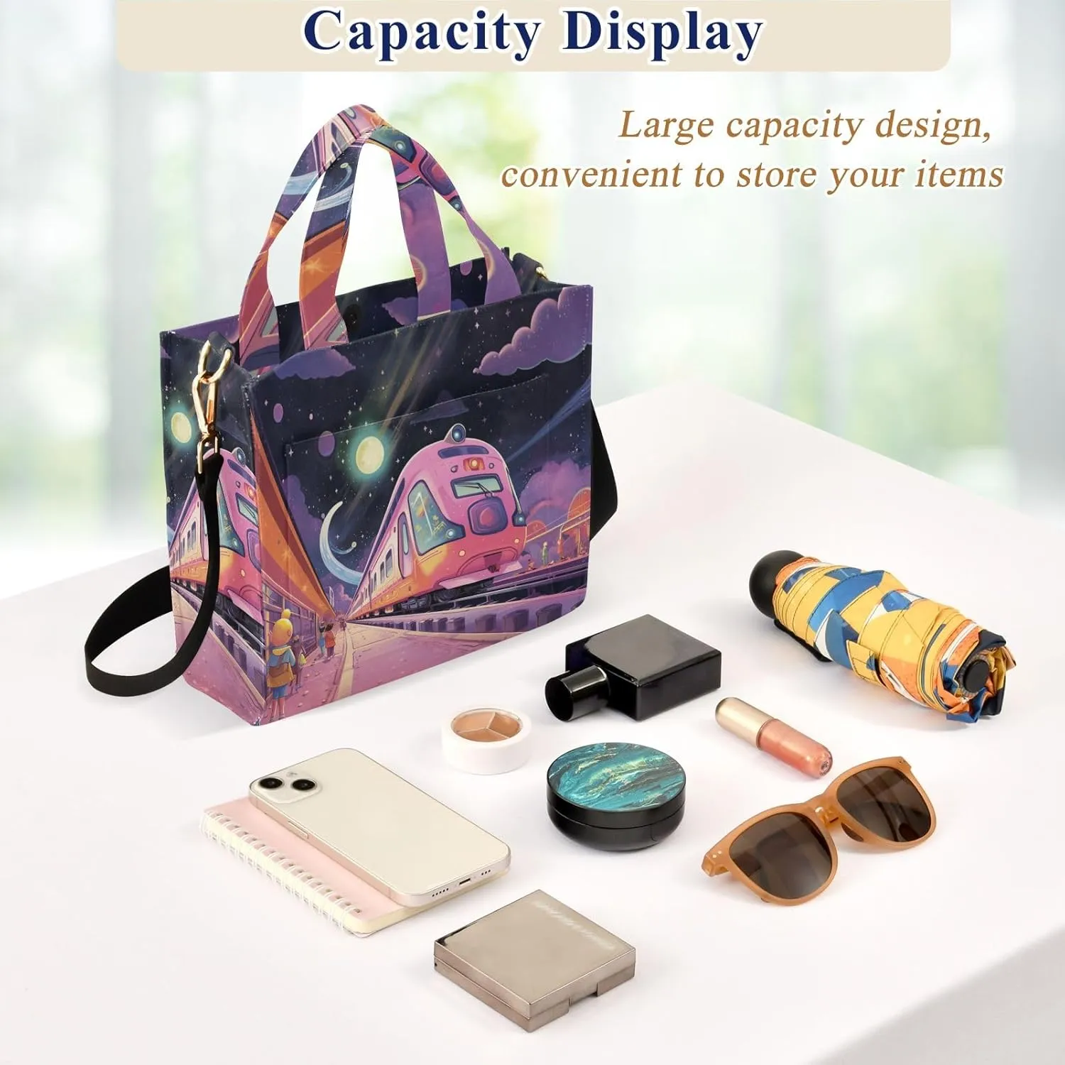 Corduroy Tote Bag Cartoon Interstellar Train Women Crossbody Bag with Detachable and Adjustable Shoulder Strap