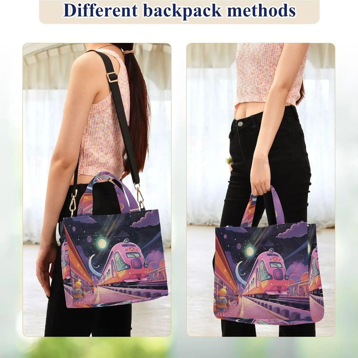Corduroy Tote Bag Cartoon Interstellar Train Women Crossbody Bag with Detachable and Adjustable Shoulder Strap