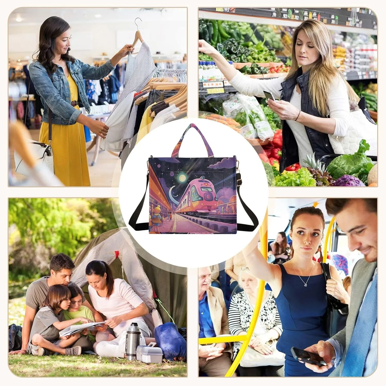 Corduroy Tote Bag Cartoon Interstellar Train Women Crossbody Bag with Detachable and Adjustable Shoulder Strap