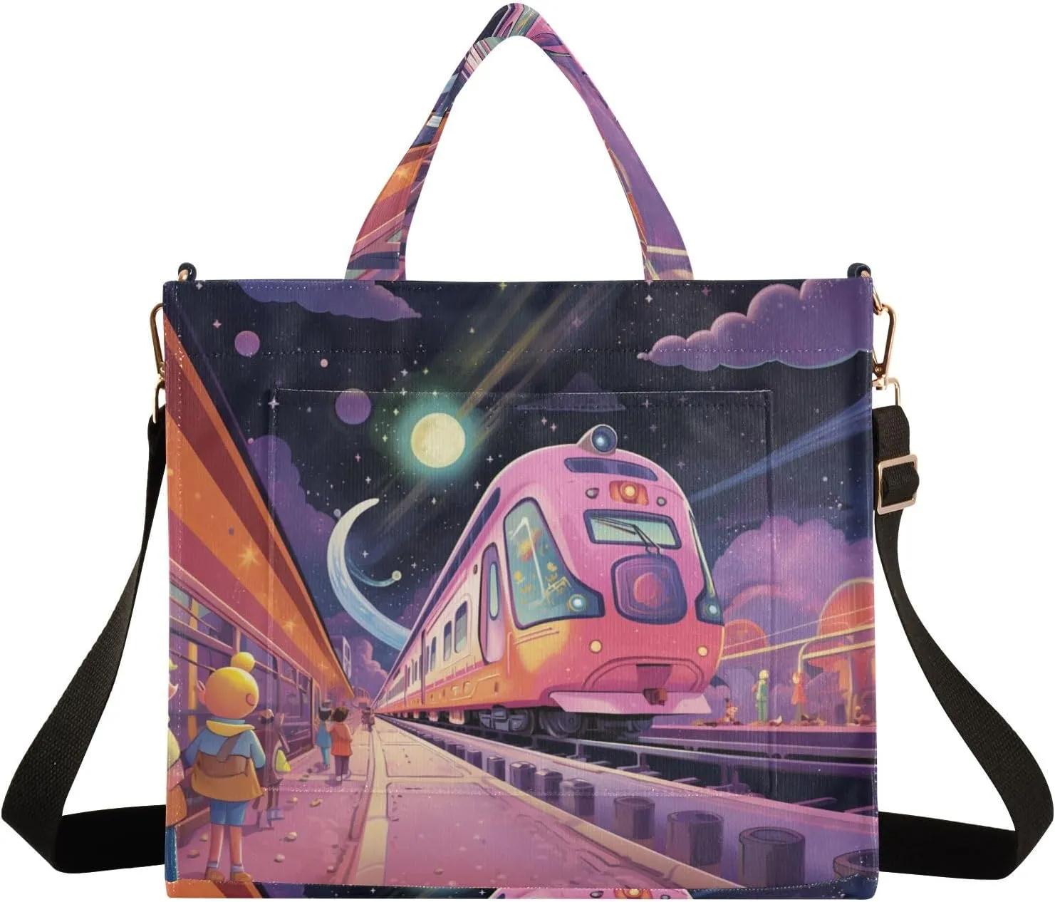 Corduroy Tote Bag Cartoon Interstellar Train Women Crossbody Bag with Detachable and Adjustable Shoulder Strap