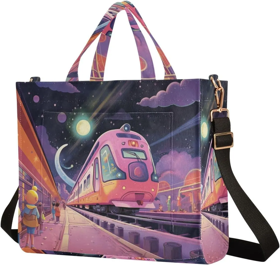 Corduroy Tote Bag Cartoon Interstellar Train Women Crossbody Bag with Detachable and Adjustable Shoulder Strap