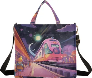 Corduroy Tote Bag Cartoon Interstellar Train Women Crossbody Bag with Detachable and Adjustable Shoulder Strap