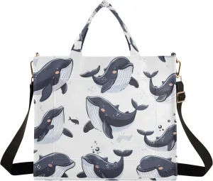 Corduroy Tote Bag Cartoon Shy Black Whale Women Crossbody Bag with Detachable and Adjustable Shoulder Strap