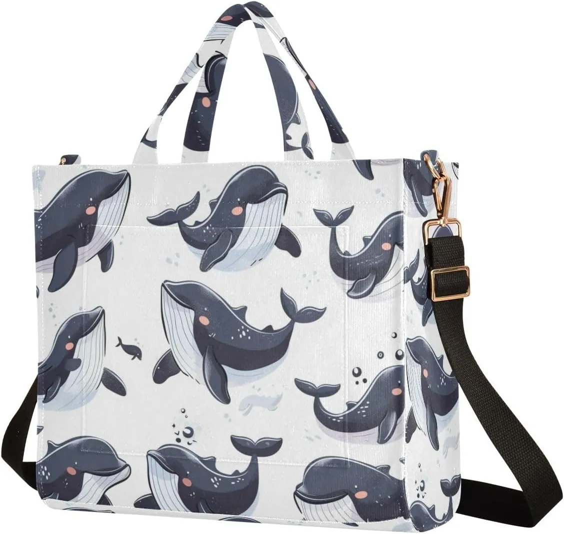 Corduroy Tote Bag Cartoon Shy Black Whale Women Crossbody Bag with Detachable and Adjustable Shoulder Strap
