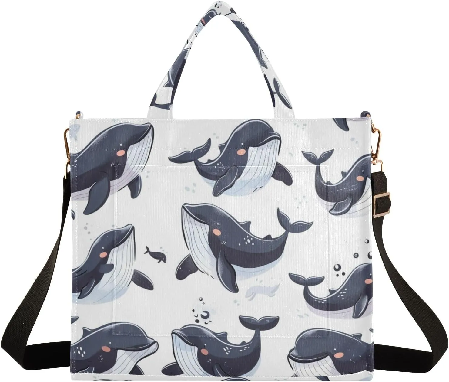 Corduroy Tote Bag Cartoon Shy Black Whale Women Crossbody Bag with Detachable and Adjustable Shoulder Strap