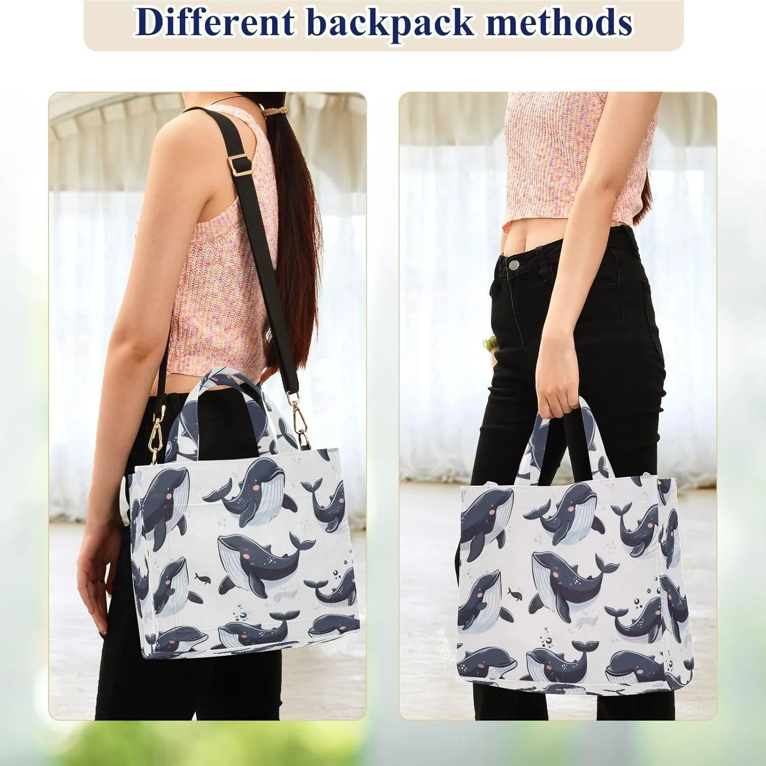 Corduroy Tote Bag Cartoon Shy Black Whale Women Crossbody Bag with Detachable and Adjustable Shoulder Strap