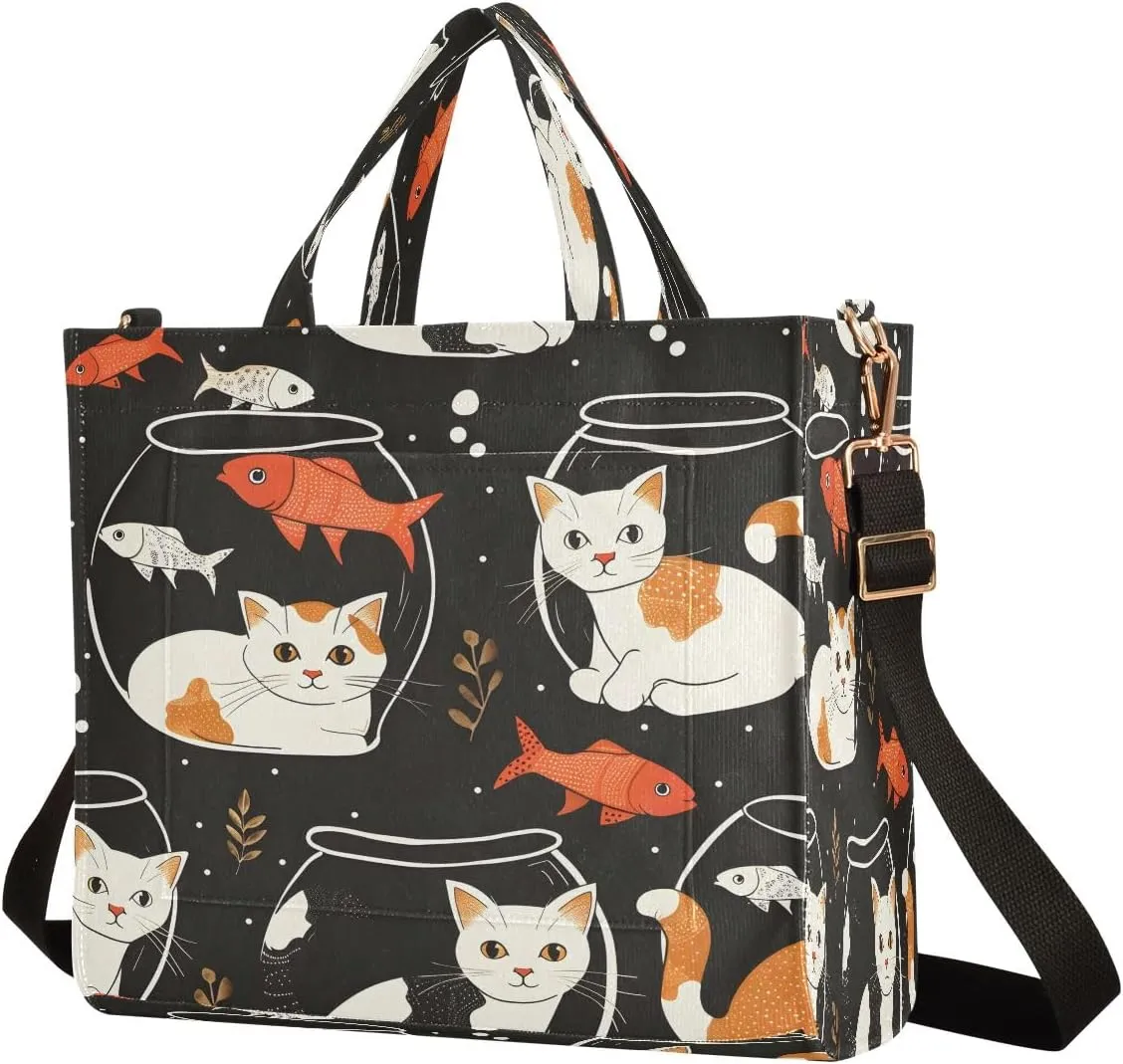 Corduroy Tote Bag Cat Pattern Kitten and Fish Bowl Women Crossbody Bag with Detachable and Adjustable Shoulder Strap