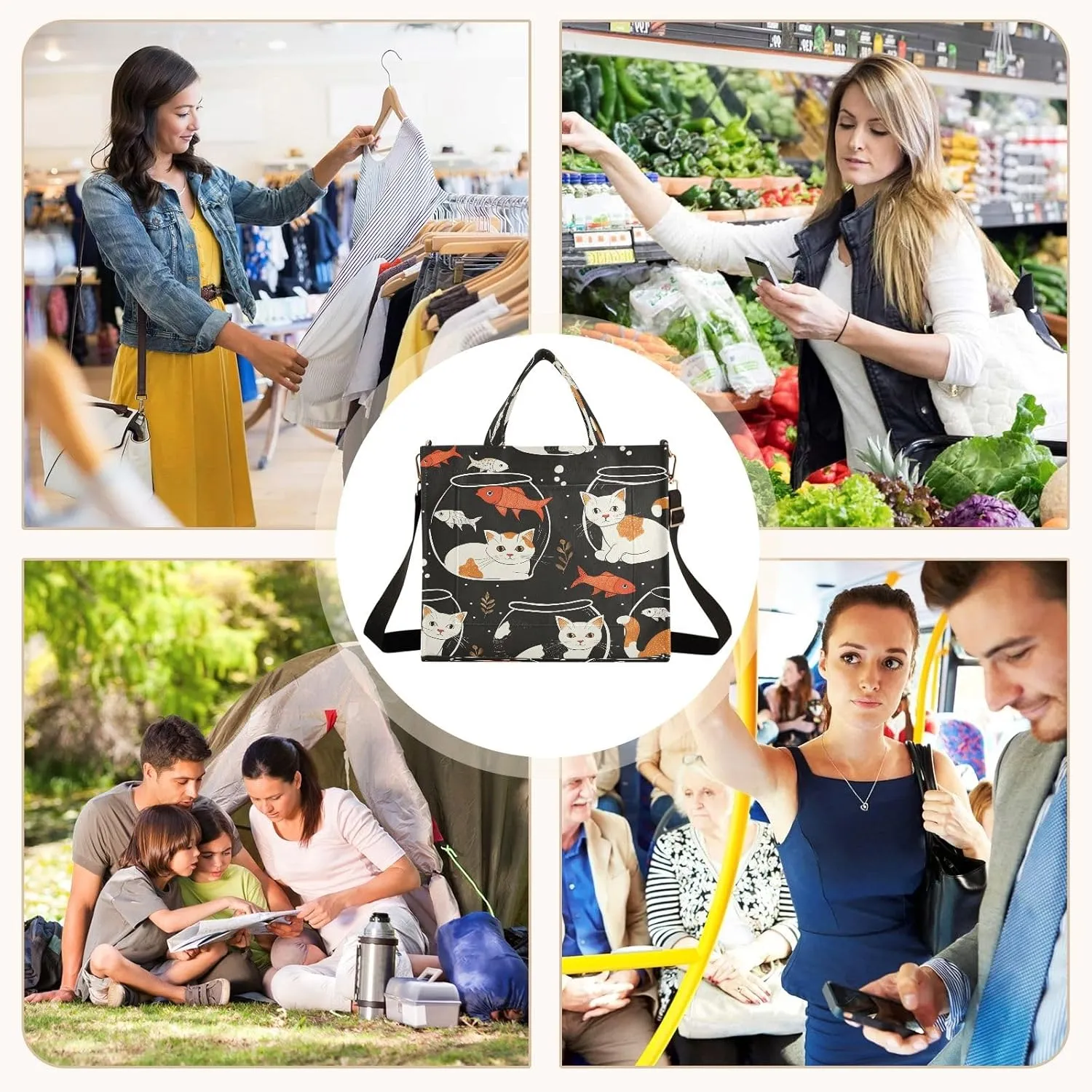 Corduroy Tote Bag Cat Pattern Kitten and Fish Bowl Women Crossbody Bag with Detachable and Adjustable Shoulder Strap