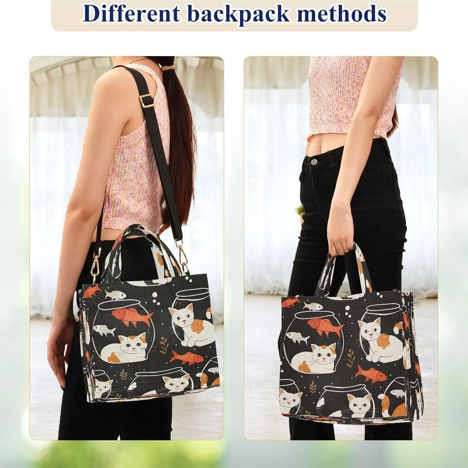 Corduroy Tote Bag Cat Pattern Kitten and Fish Bowl Women Crossbody Bag with Detachable and Adjustable Shoulder Strap