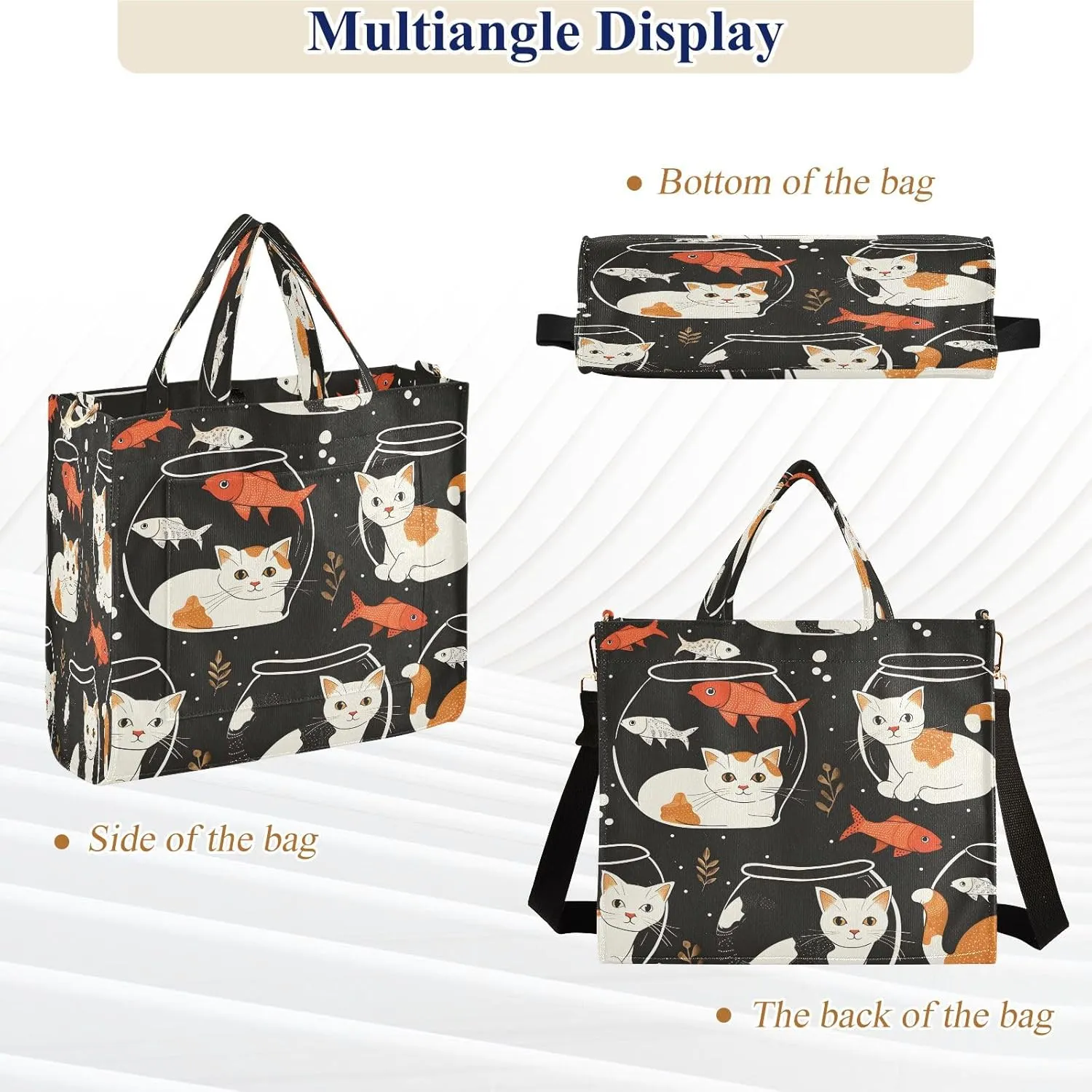 Corduroy Tote Bag Cat Pattern Kitten and Fish Bowl Women Crossbody Bag with Detachable and Adjustable Shoulder Strap