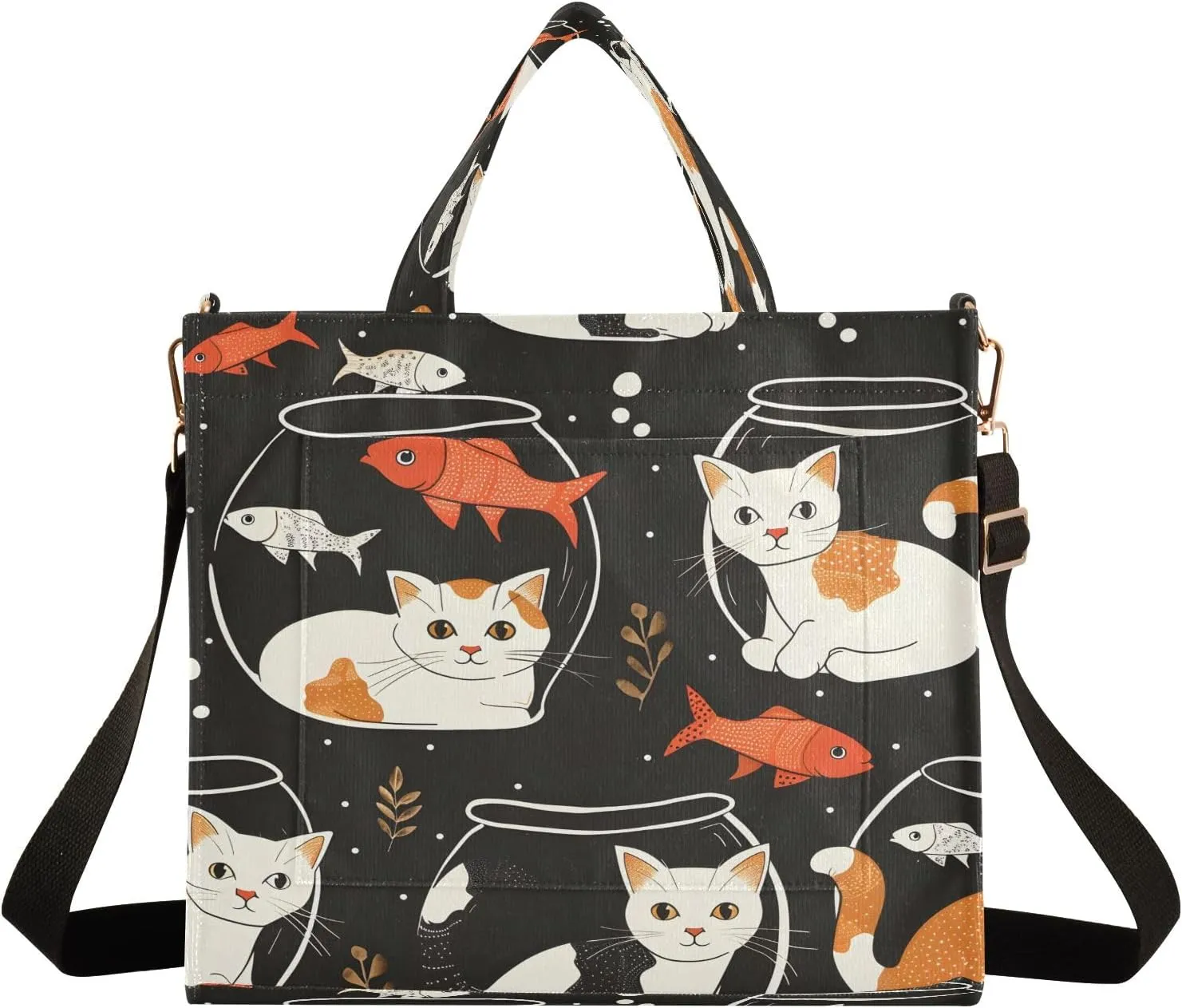 Corduroy Tote Bag Cat Pattern Kitten and Fish Bowl Women Crossbody Bag with Detachable and Adjustable Shoulder Strap