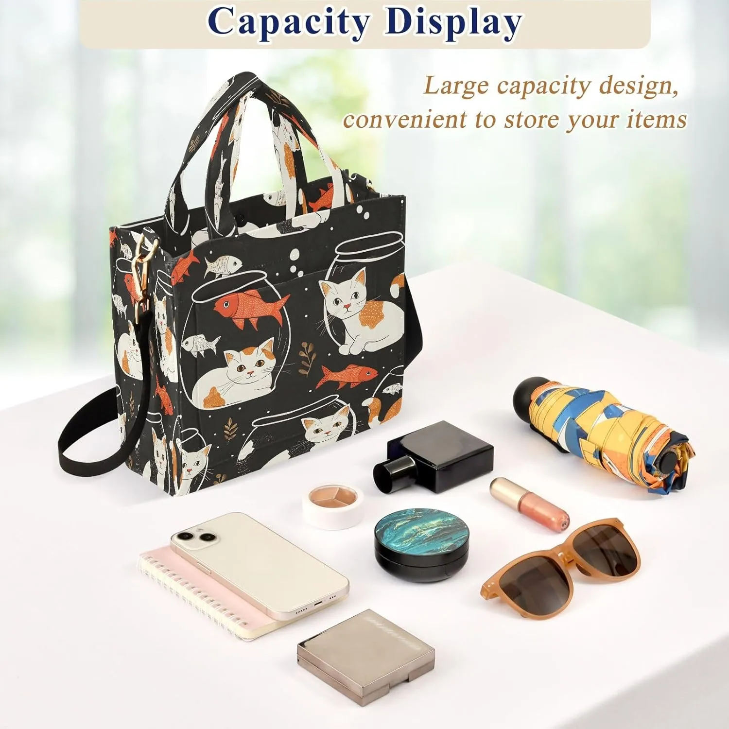Corduroy Tote Bag Cat Pattern Kitten and Fish Bowl Women Crossbody Bag with Detachable and Adjustable Shoulder Strap