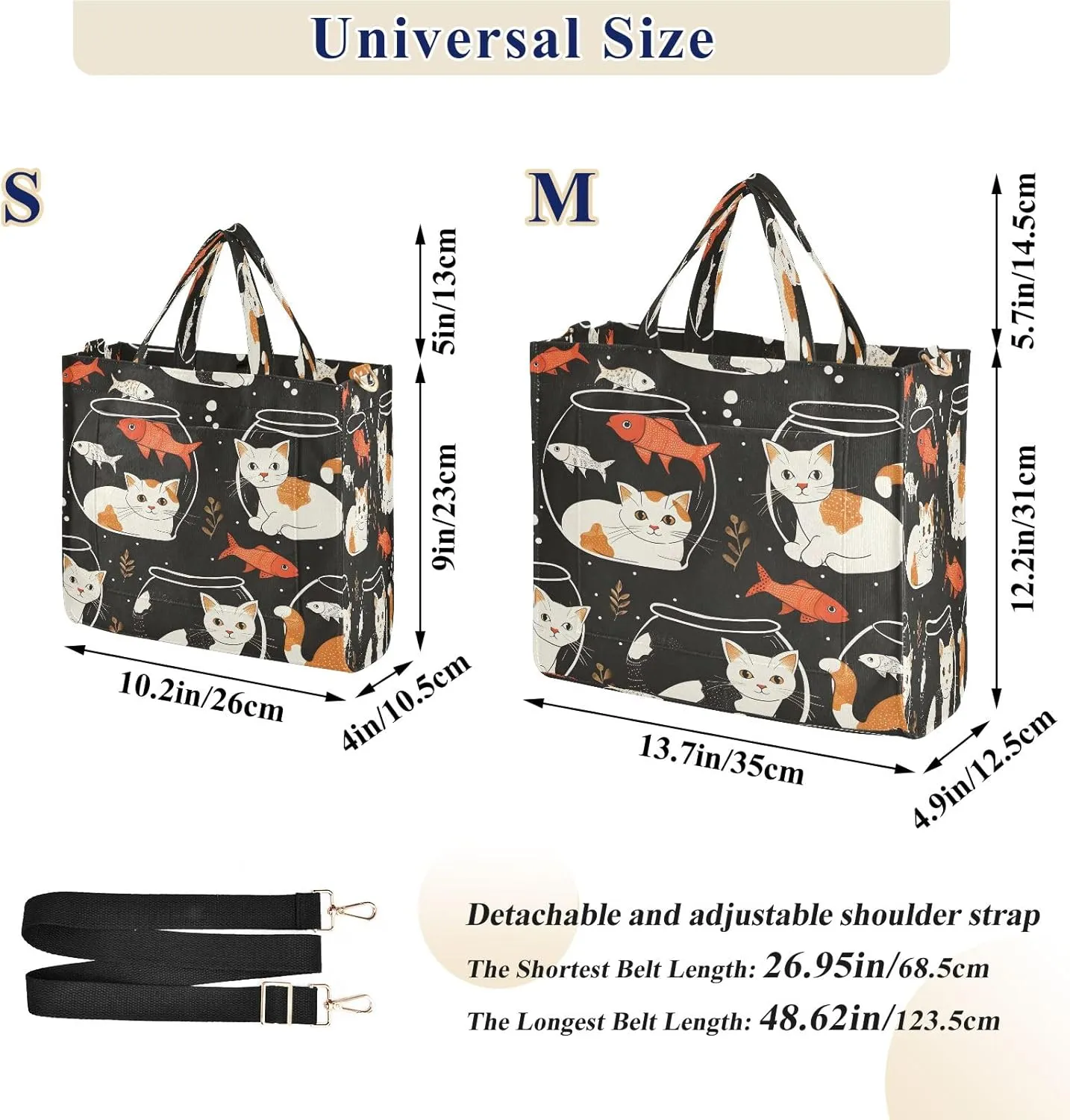 Corduroy Tote Bag Cat Pattern Kitten and Fish Bowl Women Crossbody Bag with Detachable and Adjustable Shoulder Strap