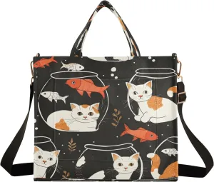 Corduroy Tote Bag Cat Pattern Kitten and Fish Bowl Women Crossbody Bag with Detachable and Adjustable Shoulder Strap