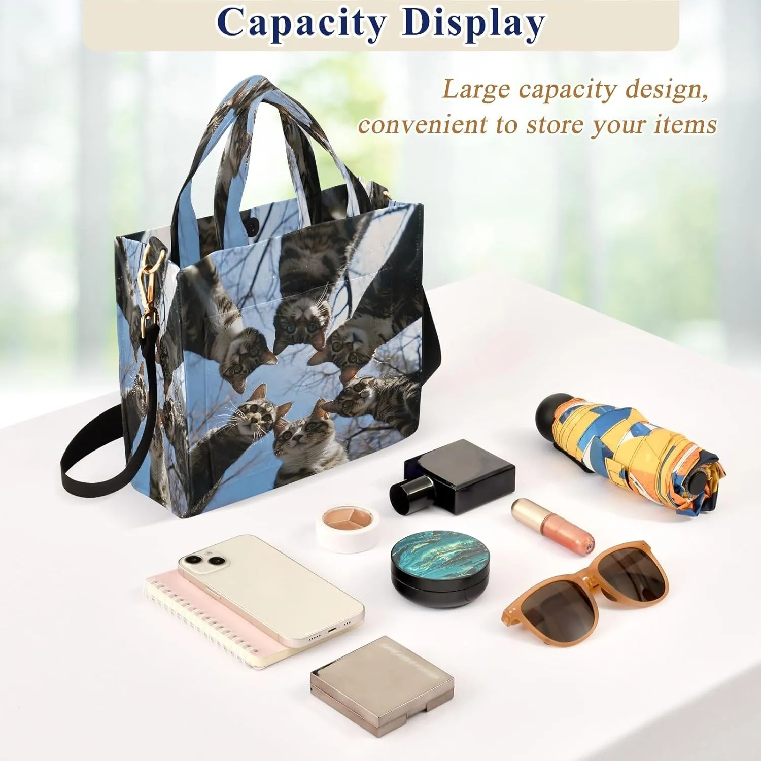 Corduroy Tote Bag Cats in Circle Women Crossbody Bag with Detachable and Adjustable Shoulder Strap