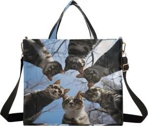 Corduroy Tote Bag Cats in Circle Women Crossbody Bag with Detachable and Adjustable Shoulder Strap